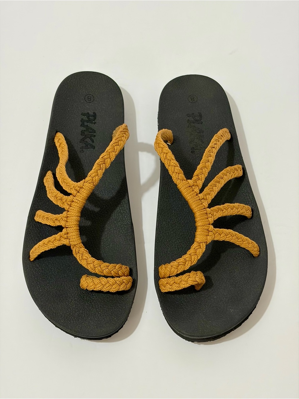 Plaka Braided Strap Black Sandals with Mustard Yellow Accents